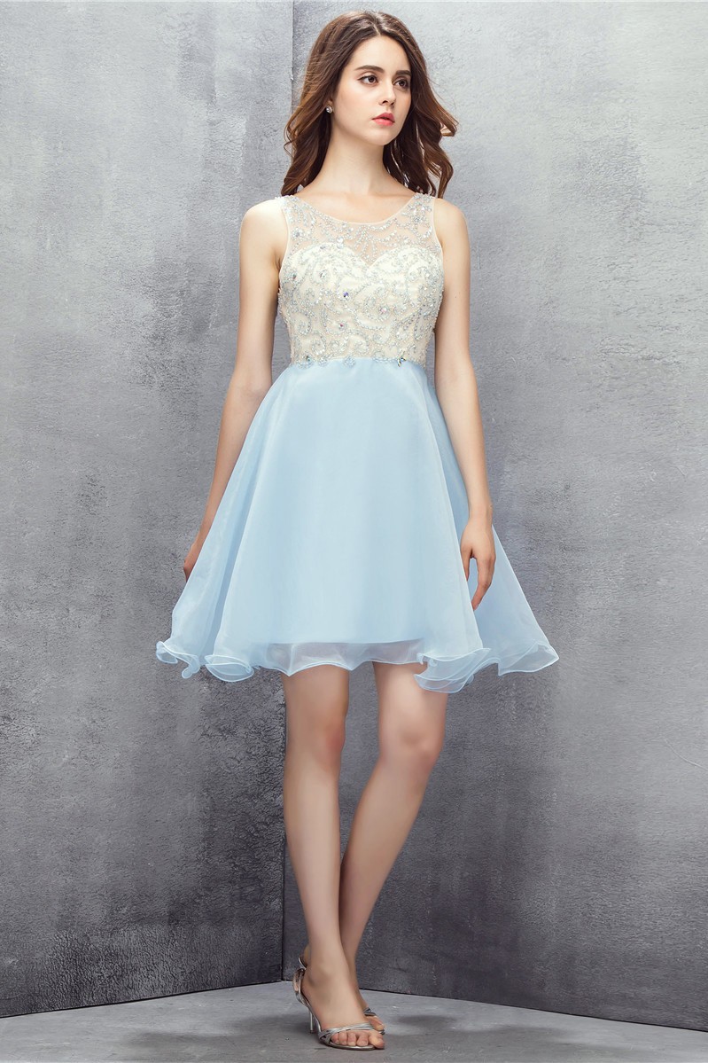 Sky Blue Beaded Organza Short Prom Dress #YH0117 $125 - GemGrace.com