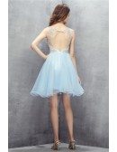 Sky Blue Beaded Organza Short Prom Dress