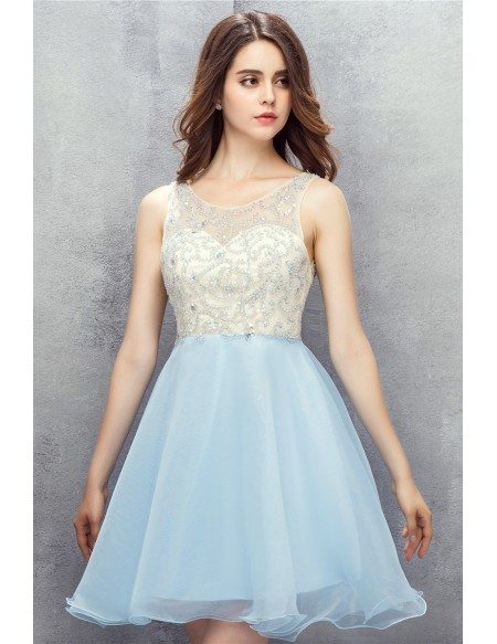Sky Blue Beaded Organza Short Prom Dress