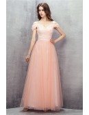 Off Shoulder Long Tulle Pink Party Dress