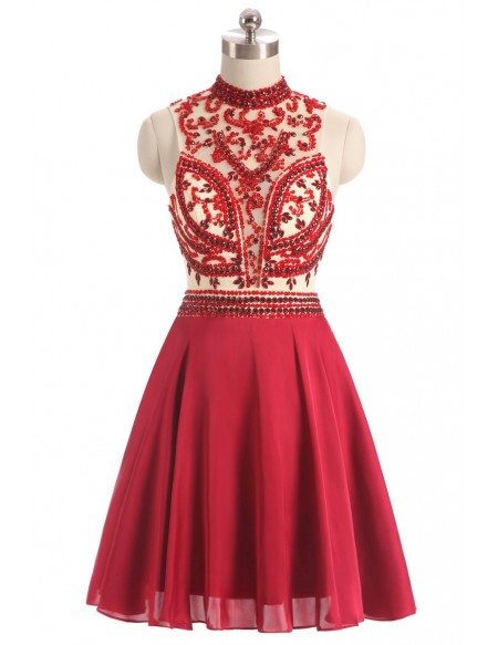 Burgundy Red Beaded Short Halter Chiffon Prom Dress