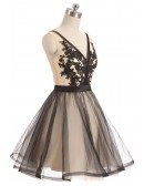 Black Tulle Lace V-neck Short Prom Dress