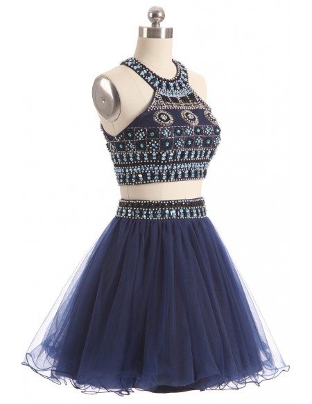 Beaded Short Halter Two-piece Blue Prom Dress