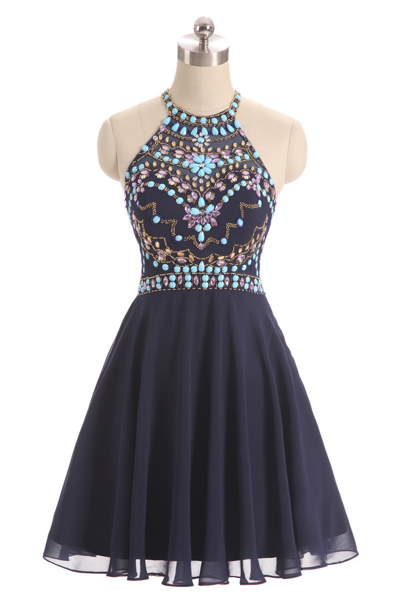 Colorful Beaded Short Halter Chiffon Prom Dress #YH0124 $122 - GemGrace.com