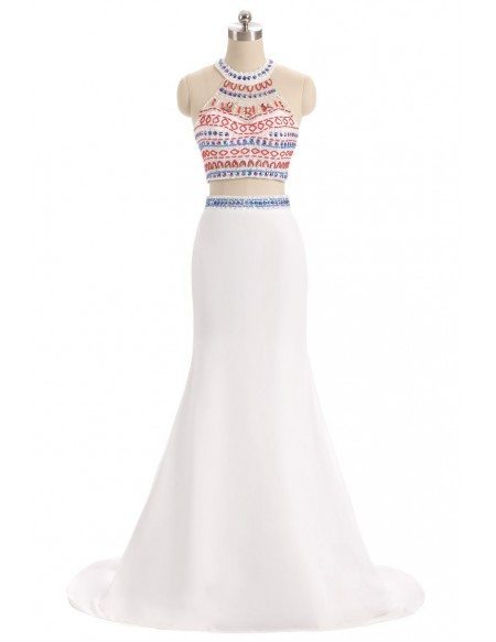 Colorful Beaded Long Halter Two-piece White Prom Dress