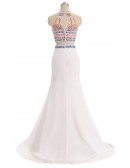 Colorful Beaded Long Halter Two-piece White Prom Dress