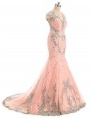 Embroidered Cap Sleeve Mermaid Long Pink Prom Dress Sweep Train