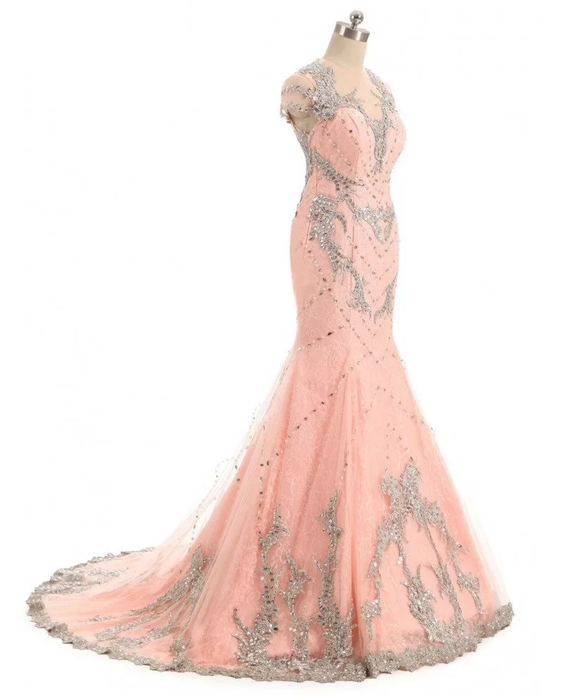 Embroidered Cap Sleeve Mermaid Long Pink Prom Dress Sweep Train #CY0222 ...