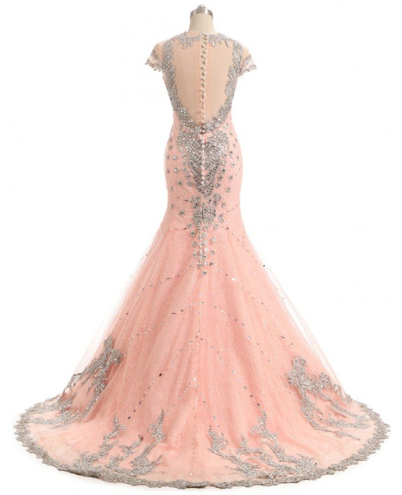 Embroidered Cap Sleeve Mermaid Long Pink Prom Dress Sweep Train #CY0222 ...
