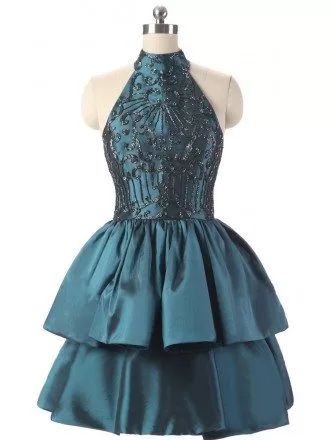 Embroidered Short Halter Ink Blue Taffeta Party Dress