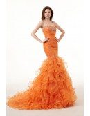 Mermaid Sweetheart Sweep Train Tulle Prom Dress With Cascading Ruffles Beading