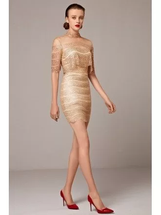 Sparkly Gold Sheath High Neck Cocktail Mini Dress with Sleeves
