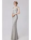Cap Sleeved Silver Sequined Mermaid Floor Length Evening Dress