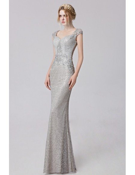 Cap Sleeved Silver Sequined Mermaid Floor Length Evening Dress