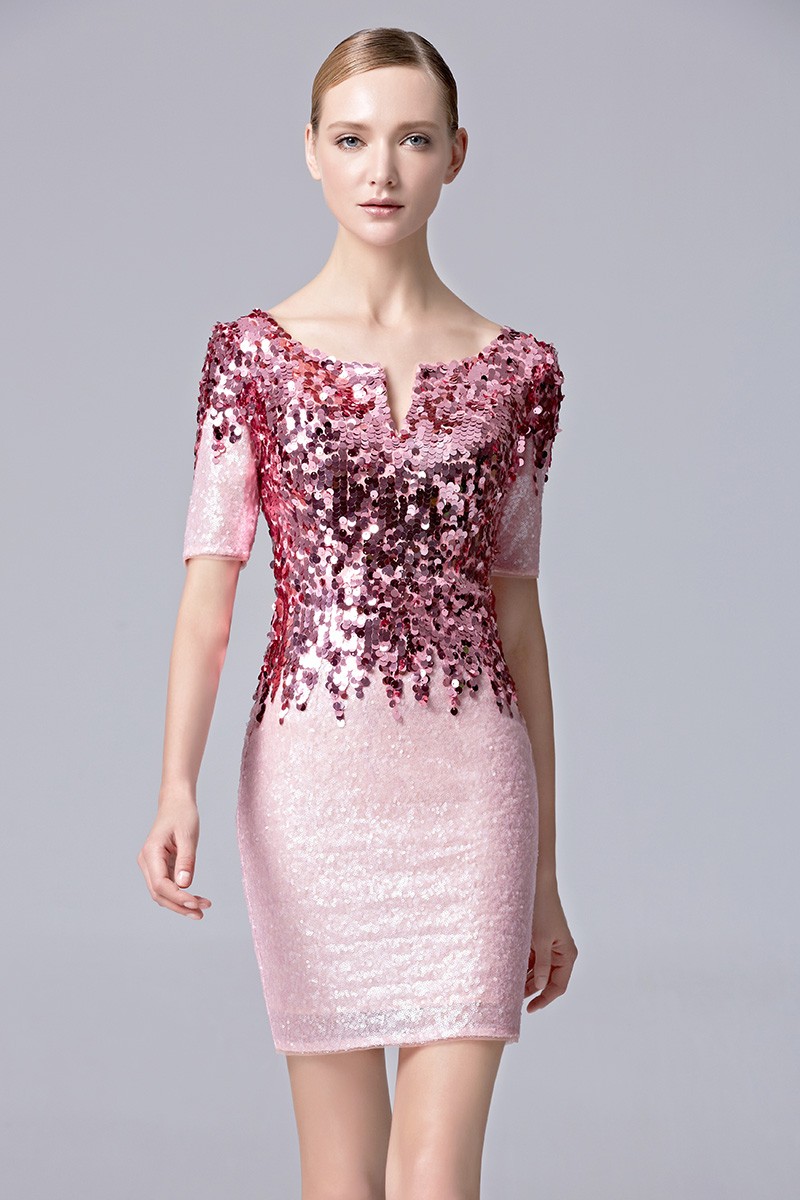 Sheath Sparkle Sequined Pink Party Short Dress with Sleeves