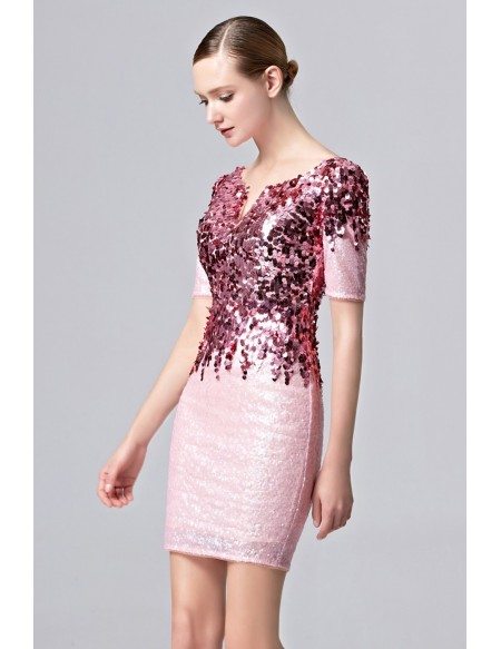 Sheath Sparkle Sequined Pink Party Short Dress with Sleeves