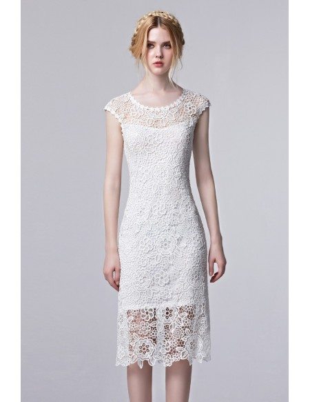 White Lace Knee Length Cutout Elegant Dress with Cap Sleeves