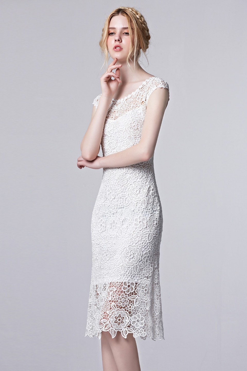 White Lace Knee Length Cutout Elegant Dress with Cap Sleeves