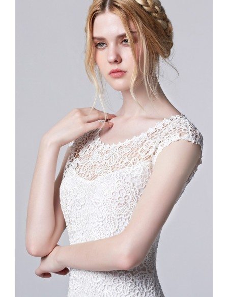 White Lace Knee Length Cutout Elegant Dress with Cap Sleeves