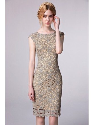 Sheath Fitted Lace Cutout Short Party Dress with Cap Sleeves
