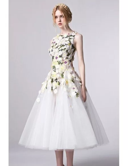 Gorgeous Floral Appliqued Tea Length Tulle Party Dress