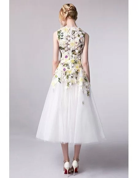 Gorgeous Floral Appliqued Tea Length Tulle Party Dress