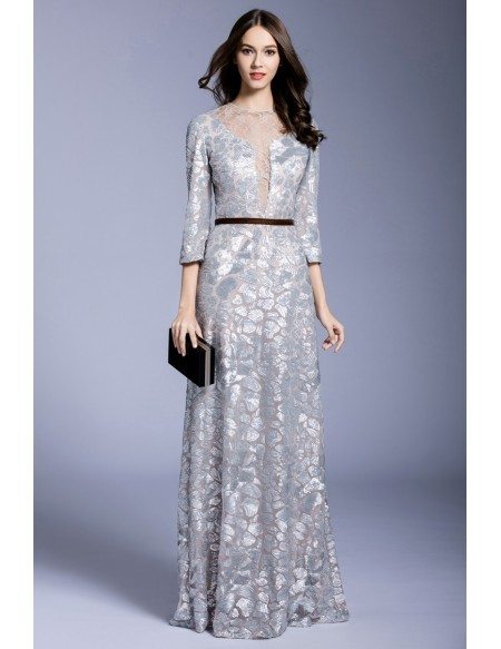 Silver A-line Scoop Neck Floor-length Evening Dress With Sequins