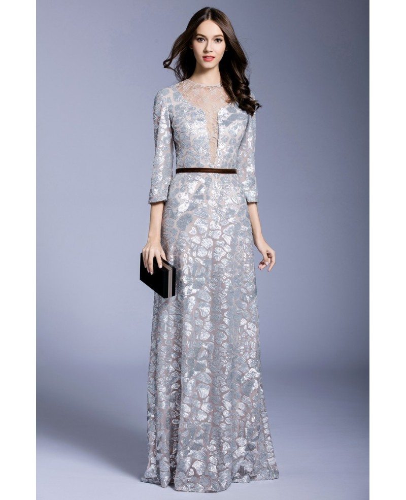 Silver A-line Scoop Neck Floor-length Evening Dress With Sequins #CK538 ...