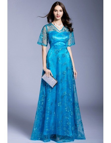 Blue A-line V-neck Floor-length Evening Dress With Beading