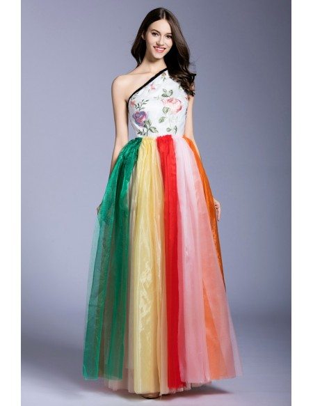 Colorful A-line One-shoulder Embroidery Floor-length Prom Dress