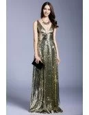 Gold A-line V-neck Sequined Floor-length Evening Dress