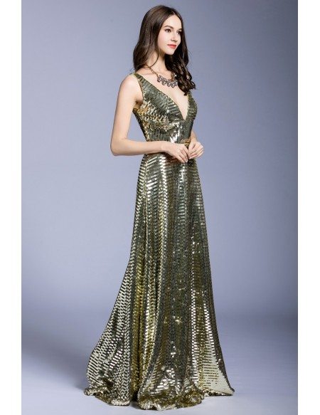 Gold A-line V-neck Sequined Floor-length Evening Dress #CK542 $74.6 ...
