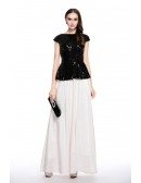 Black and White A-line Scoop Neck Floor-length Evening Dress With Sequins