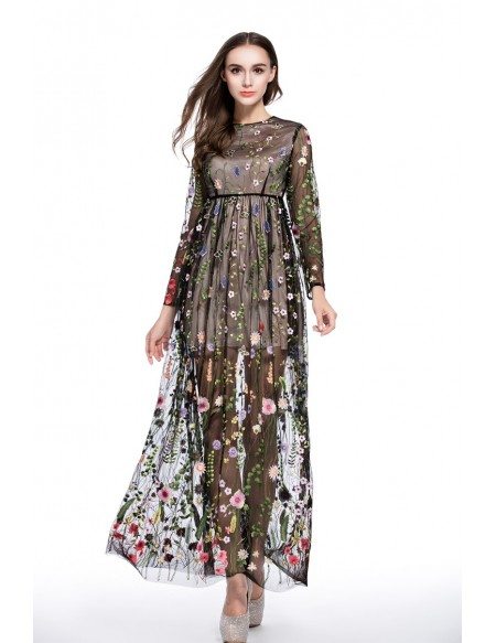A-line Scoop Neck Embroidery Floor-length Formal Dress With Long Sleeves