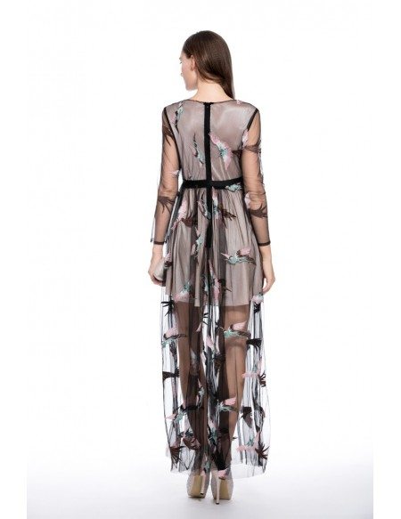 A-line Scoop Neck Embroidery Black Tulle Floor-length Formal Dress