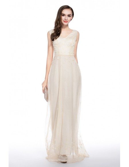 Beige A-line V-neck Floor-length Evening Dress With Appliques Lace # ...