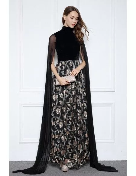 Black A-line High Neck Floor-length Evening Dress With Sequins
