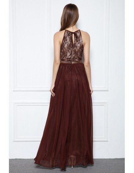 Brown A-line Halter Floor-length Evening Dress With Lace