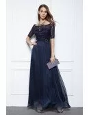 Blue A-line Off-the-shoulder Floor-length Formal Dress With Lace