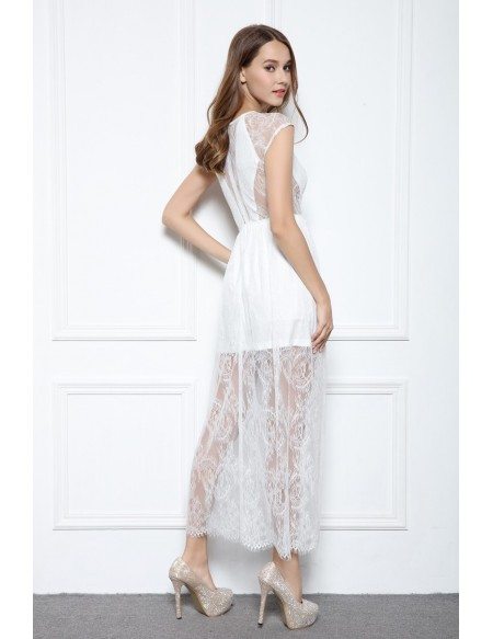 A-line Illusion V-neck Ankle-length Lace Formal Dress