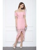 Pink Sheath Off-the-shoulder Lace High Low Formal Dress