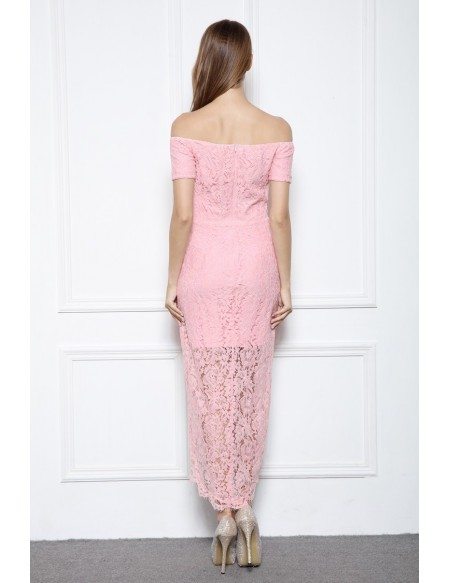 Pink Sheath Off-the-shoulder Lace High Low Formal Dress
