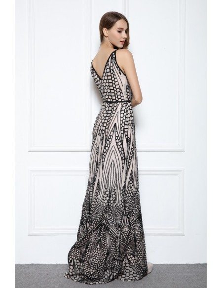 Black Sheath V-neck Floor-length Formal Dress With Sequins