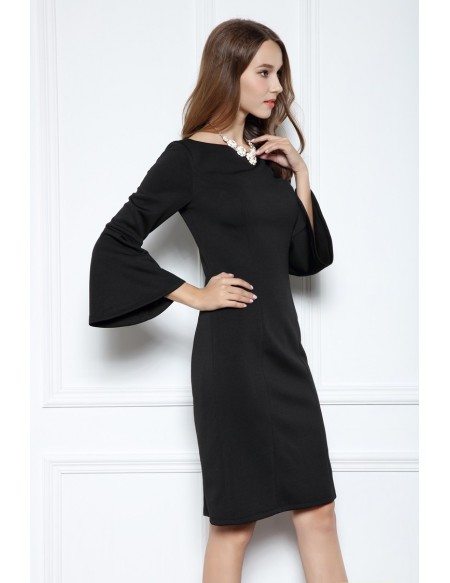Black Sheath Scoop Neck Knee-length Formal Dress With Sleeves