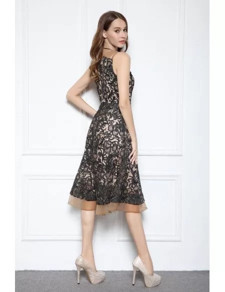 Black A-line V-neck Knee-length Lace Formal Dress