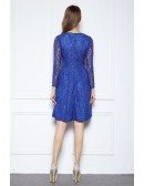 Blue A-line Scoop Neck Knee-length Lace Formal Dress With Long Sleeves