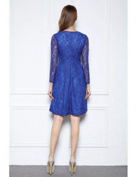 Blue A-line Scoop Neck Knee-length Lace Formal Dress With Long Sleeves