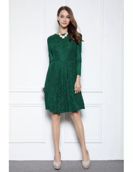 Dark Green A-line Scoop Neck Knee-length Lace Formal Dress With Long Sleeves