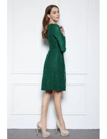 Dark Green A-line Scoop Neck Knee-length Lace Formal Dress With Long Sleeves