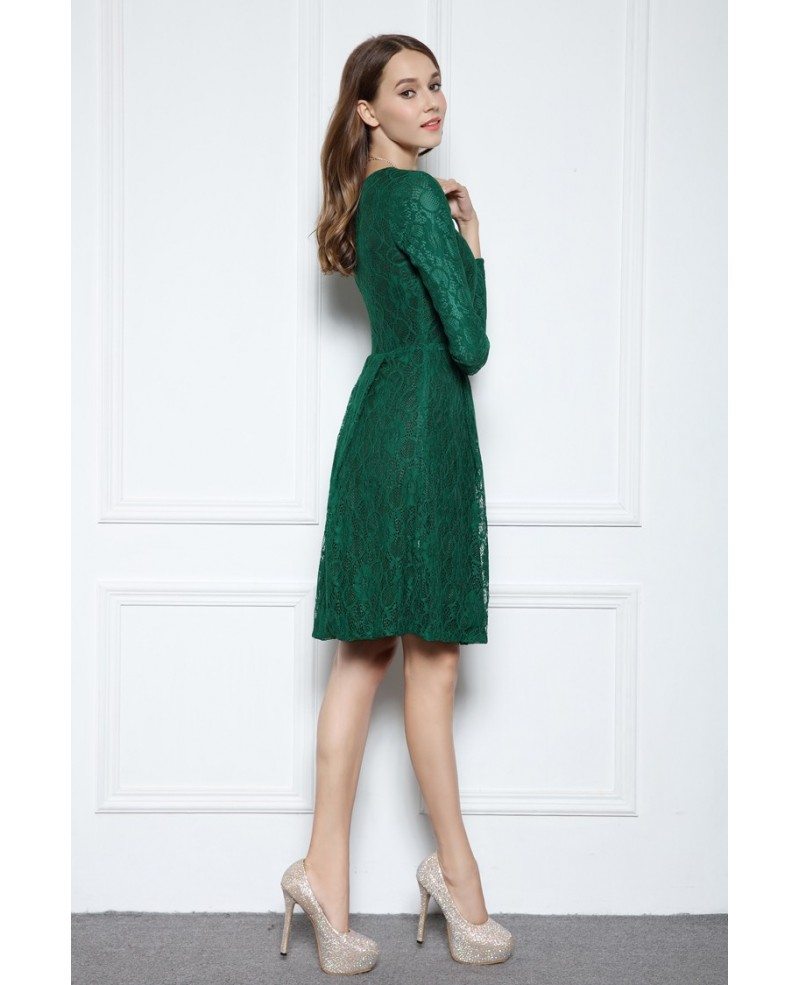 knee length long sleeve green dress